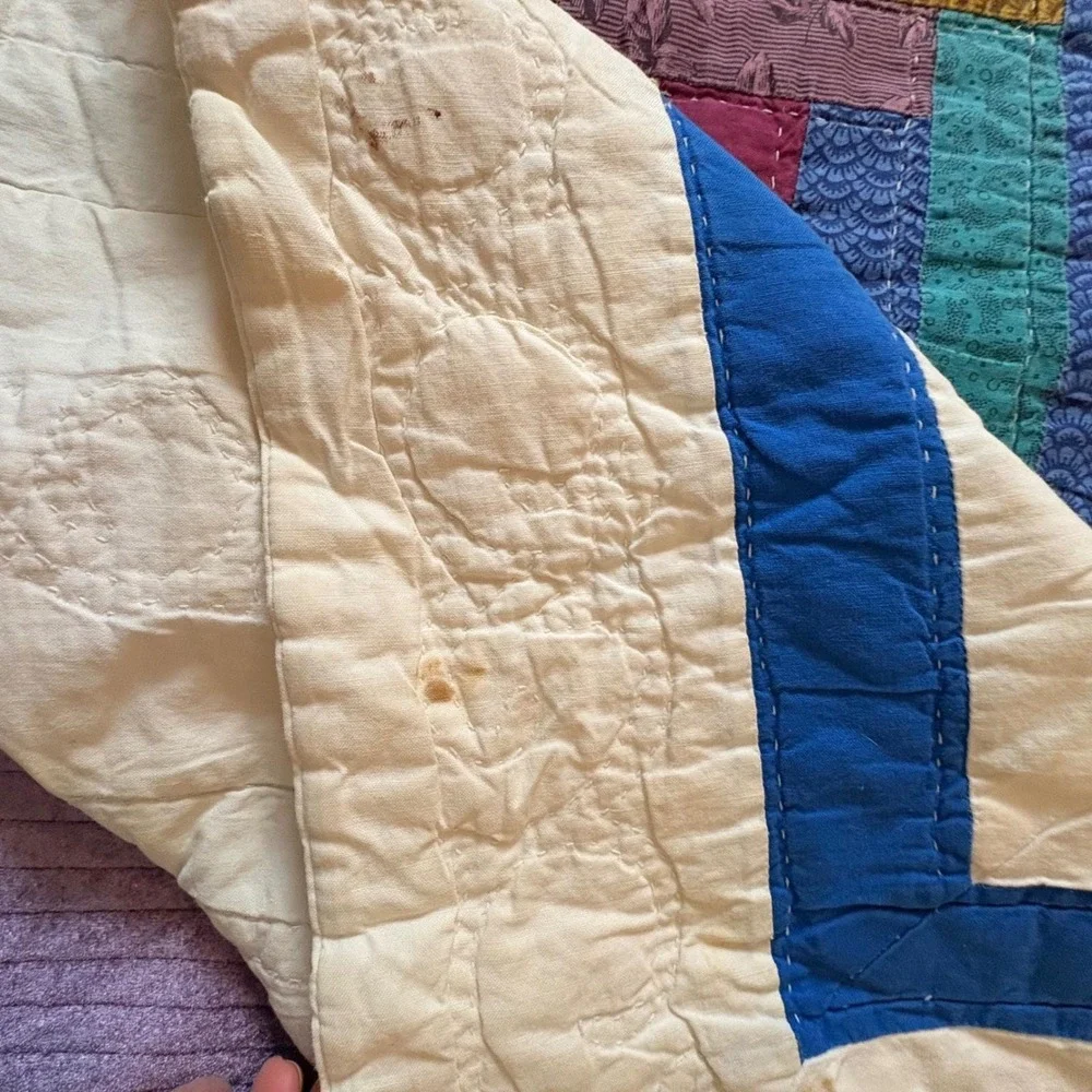 Antique 1930s Log Cabin Quilt Full Size Handmade Barn Raising Pieced Backing